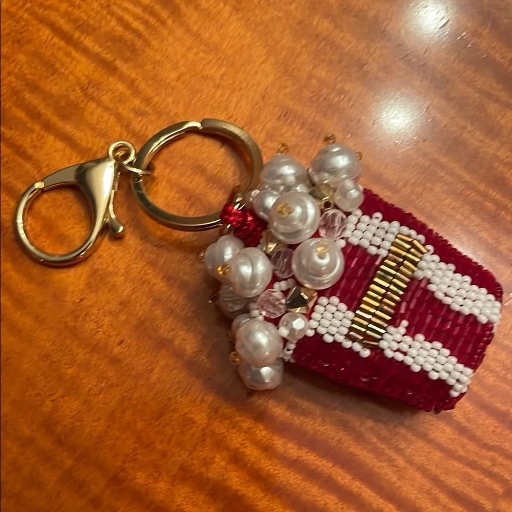 Red and White Beaded Keychain bag charm popcorn design